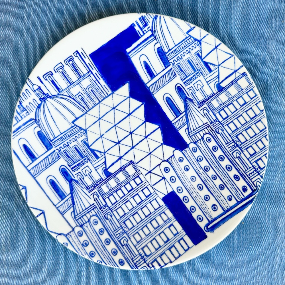 West Elm Sam Kalda Dinner Plate with Blue Cityscape